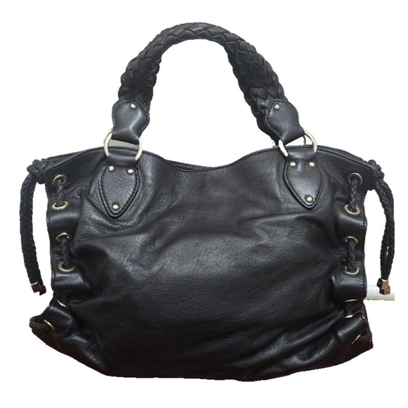 Michael Kors Black Leather Braided Handle Tote Satchel Whipstitch Grommet Large - Picture 4 of 15